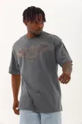 Unisex Oversize Taşlı Bisiklet Yaka T-Shirt - Füme