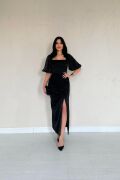 Siyah Büzgülü Saten Elbise