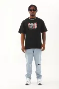 Unisex Oversize Baskılı Bisiklet Yaka T-Shirt - Siyah