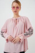 Nakışlı Örme Bluz 941 - Pudra
