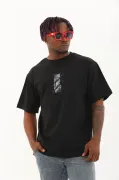 Unisex Oversize Baskılı Bisiklet Yaka T-Shirt - Siyah