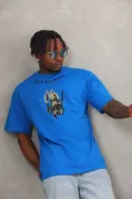 Unisex Oversize Baskılı Bisiklet Yaka T-Shirt - Mavi