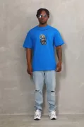 Unisex Oversize Baskılı Bisiklet Yaka T-Shirt - Mavi