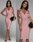 Kadın Derin V Dekolteli Omuzları Volan Detay Fırsat ürün Tokalı Elbise