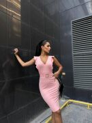 Kadın Derin V Dekolteli Omuzları Volan Detay Fırsat ürün Tokalı Elbise