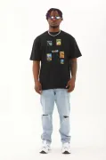 Unisex Oversize Baskılı Bisiklet Yaka T-Shirt - Siyah