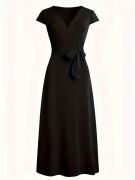 Kadın Kısa Kollu V Yakalı Belden Kuşaklı Maksi Boy Viskon Elbise