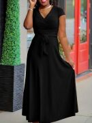 Kadın Kısa Kollu V Yakalı Belden Kuşaklı Maksi Boy Viskon Elbise