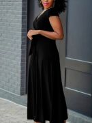 Kadın Kısa Kollu V Yakalı Belden Kuşaklı Maksi Boy Viskon Elbise