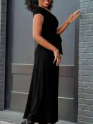 Kadın Kısa Kollu V Yakalı Belden Kuşaklı Maksi Boy Viskon Elbise