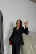 YANLARI KUŞAK DETAYLI CEKET -YELEK - PANTOLON TAKIM - Siyah