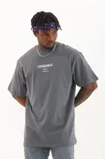 Unisex Oversize Baskılı Bisiklet Yaka T-Shirt - Füme
