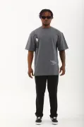 Unisex Oversize Baskılı Bisiklet Yaka T-Shirt - Füme