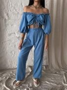 KETEN CROP BLUZ BÜZGÜ YAKA + PANTOLON TAKIM - Mavi