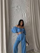 KETEN CROP BLUZ BÜZGÜ YAKA + PANTOLON TAKIM - Mavi