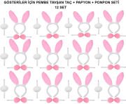 Pembe Tavşan Kostüm Seti – Taç, Papyon, Ponpon (12’li Paket)