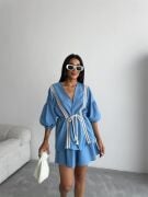 KETEN BEL BÜZGÜLÜ BLUZ-PANTOLON TAKIM - Mavi