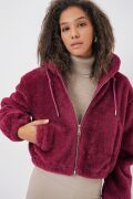 5193 Kapüşonlu Peluş Crop Ceket - Mürdüm
