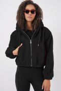 5193 Kapüşonlu Peluş Crop Ceket - Siyah