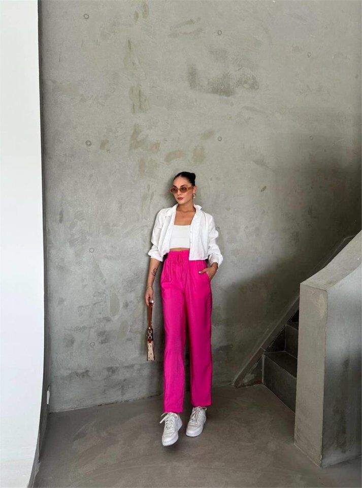 BEL LASTİK DETAYLI MODAL KUMAŞ PANTOLON - Fuşya