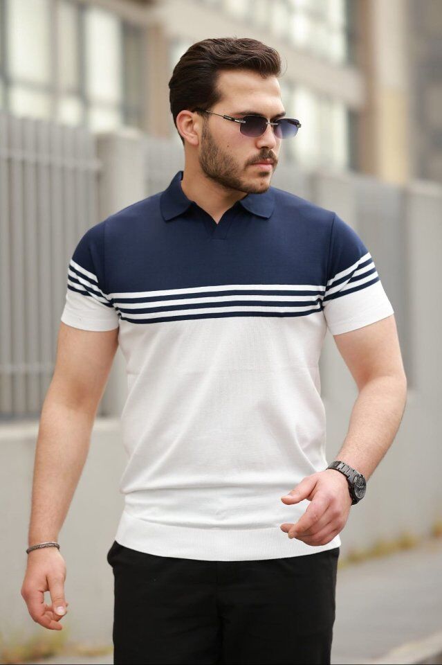 Erkek Yakalı Parça Renk Kısa Kollu T-shirt