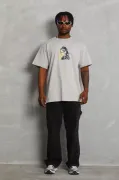 Unisex Oversize Baskılı Bisiklet Yaka T-Shirt - Gri