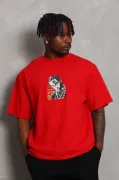 Unisex Oversize Baskılı Bisiklet Yaka T-Shirt - Kırmızı