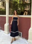 Askılı Uzun Şerit Detaylı Şık Ve Rahat Elbise - Lacivert