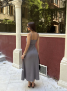 Askılı Uzun Şerit Detaylı Şık Ve Rahat Elbise - Gri