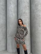 Kadın Uzun Kollu Leopar Desen Omuz Dekolteli Mini Elbise