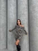 Kadın Uzun Kollu Leopar Desen Omuz Dekolteli Mini Elbise