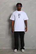 Unisex Oversize Baskılı Bisiklet Yaka T-Shirt - Beyaz