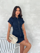 Kısa Kolu Mini Kot Kumaşından Likralı Elbise - Lacivert
