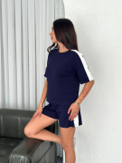 Osy Modal Yumuşak Dokulu Kumaş Parçalı Bisiklet Yaka T-shirt Kısa Şort İkili Takım - Mavi