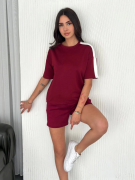 Osy Modal Yumuşak Dokulu Kumaş Parçalı Bisiklet Yaka T-shirt Kısa Şort İkili Takım -  Bordo