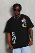 Unisex Oversize Baskılı Bisiklet Yaka T-Shirt - Siyah