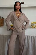 Kruvaze Model Klasik Pantolonlu Çupra Keten Takım 10191