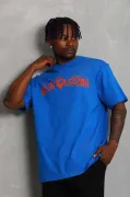 Unisex Oversize Baskılı Bisiklet Yaka T-Shirt - Mavi
