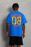 Unisex Oversize Baskılı Bisiklet Yaka T-Shirt - Mavi