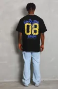 Unisex Oversize Baskılı Bisiklet Yaka T-Shirt - Siyah