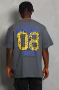 Unisex Oversize Baskılı Bisiklet Yaka T-Shirt - Füme