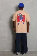Unisex Oversize Baskılı Bisiklet Yaka T-Shirt - Bej
