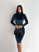Kadın Balıkçı Yaka Inci Detay Fırsat ürün Kadife Kumaş Mini Elbise