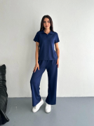 Osy Modal Yumuşak Dokulu Kumaş Kısa Kollu Yakalı T-shirt Pantalon Ikili Takım- Lacivert