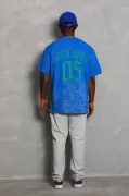 Unisex Oversize Baskılı Bisiklet Yaka T-Shirt - Mavi
