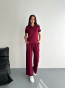 Osy Modal Yumuşak Dokulu Kumaş Kısa Kollu Yakalı T-shirt Pantalon Ikili Takım- Bordo