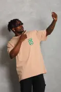 Unisex Oversize Baskılı Bisiklet Yaka T-Shirt - Bej