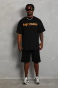 Unisex Oversize Baskılı Bisiklet Yaka T-Shirt - Siyah