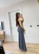 Yırtmaç Detaylı Kolsuz Elbise - Füme