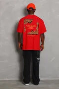 Unisex Oversize Baskılı Bisiklet Yaka T-Shirt - Kırmızı